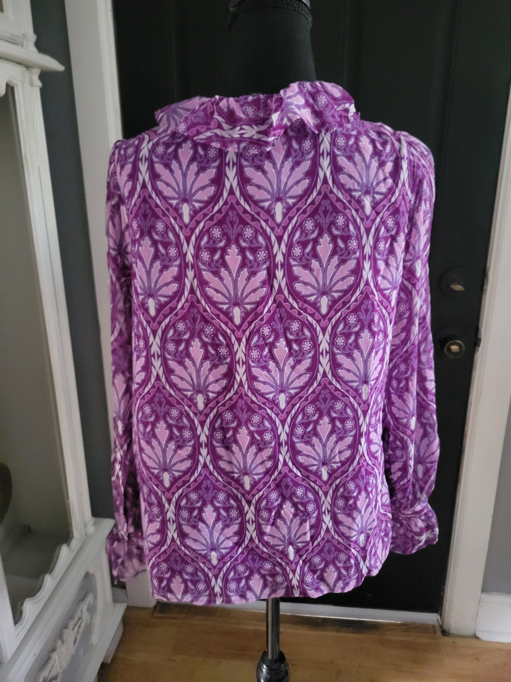 Talbots Purple Ruffle-Front Printed Blouse - Picture 3 of 4